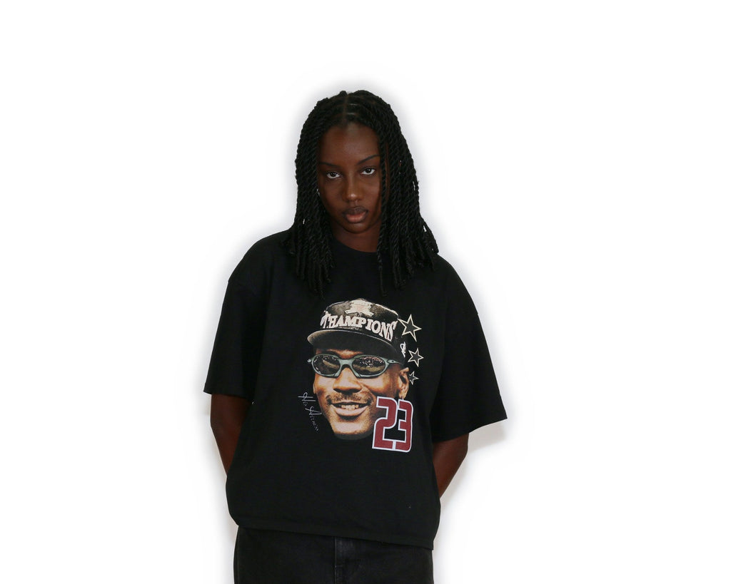 WAIT! Champ black oversized boxy graphic tee, streetwear outfit worn by model (1)