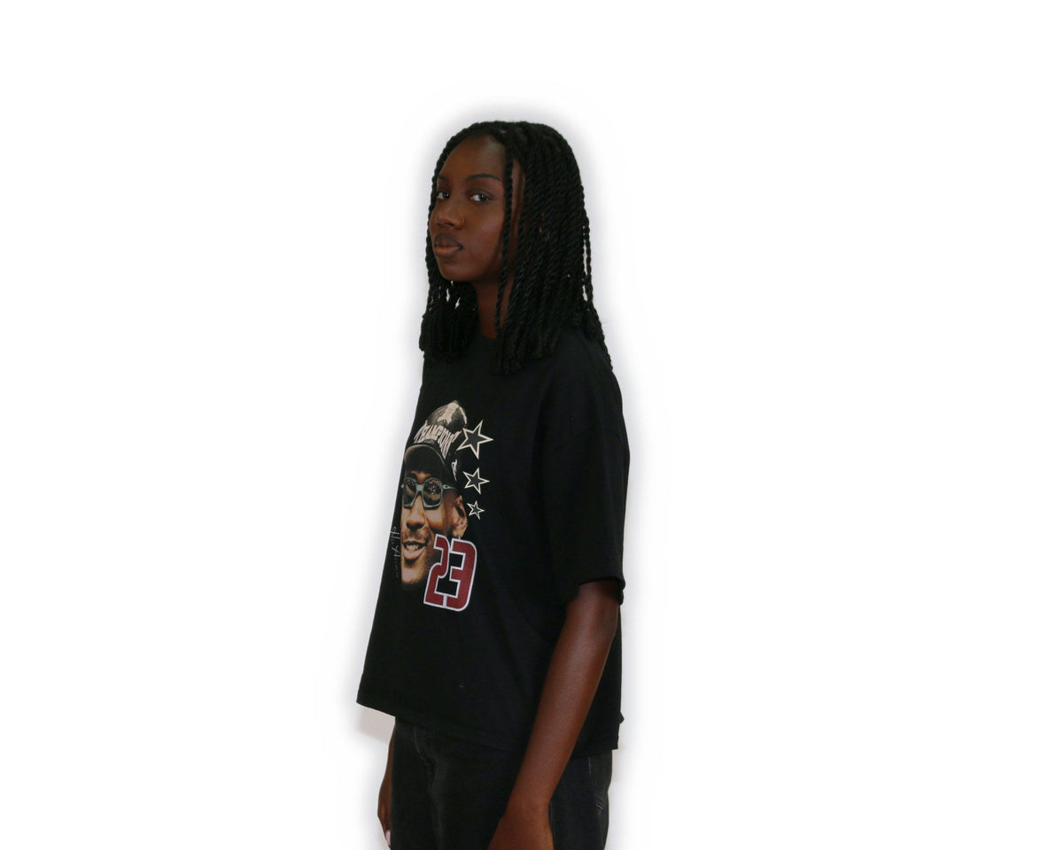 WAIT! Champ black oversized boxy graphic tee, streetwear outfit worn by model (2)