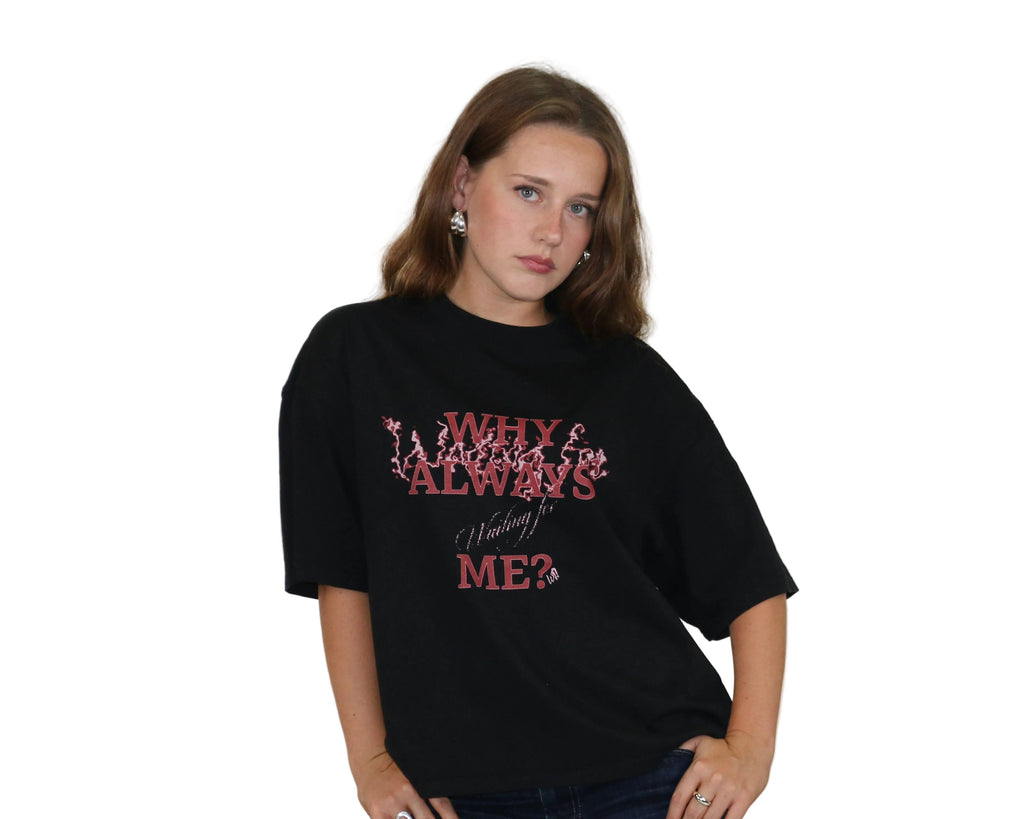 WAIT! Why Always Me black boxy graphic tee, streetwear outfit worn by model (1)