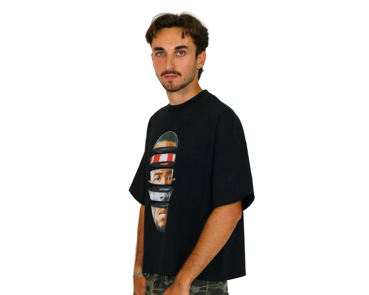 WAIT! Rainbow black oversized boxy graphic tee, streetwear outfit worn by model (4)