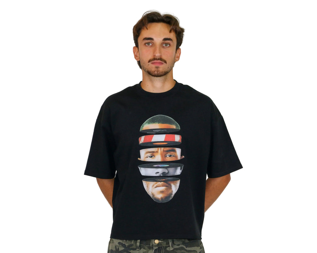 WAIT! Rainbow black oversized boxy graphic tee, streetwear outfit worn by model (2)