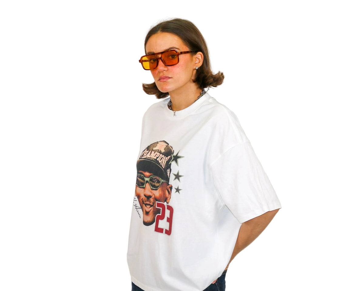 WAIT! Champ white oversized boxy graphic tee, streetwear outfit worn by model (2)