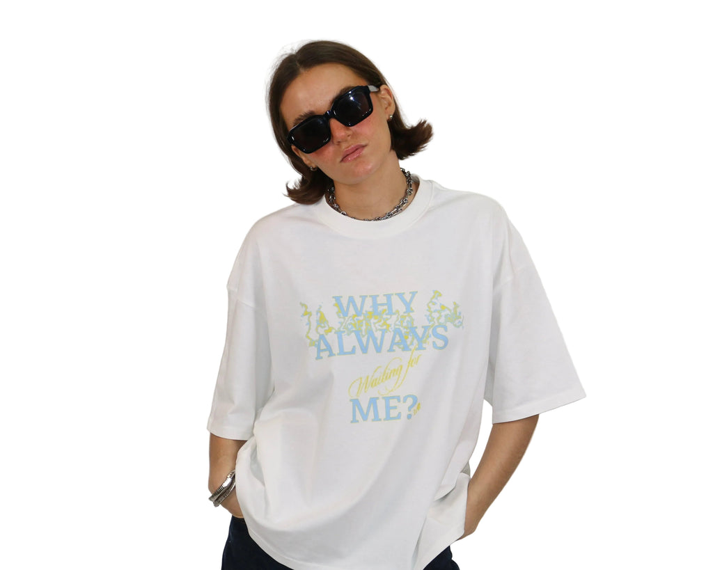 WAIT! Why Always Me white boxy graphic tee, streetwear outfit worn by model (1)