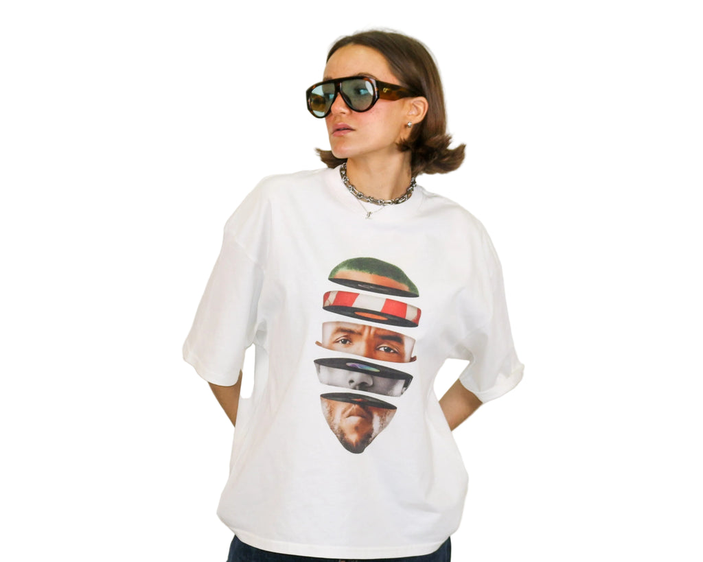 WAIT! Rainbow white oversized boxy graphic tee, streetwear outfit worn by model (4)