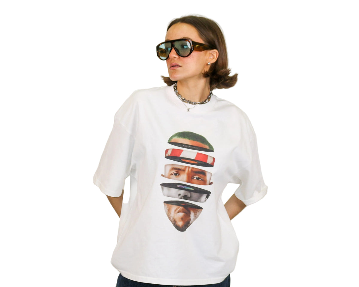 WAIT! Rainbow white oversized boxy graphic tee, streetwear outfit worn by model (4)