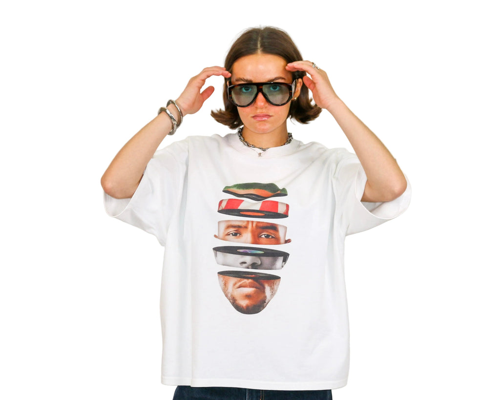 WAIT! Rainbow white oversized boxy graphic tee, streetwear outfit worn by model (2)