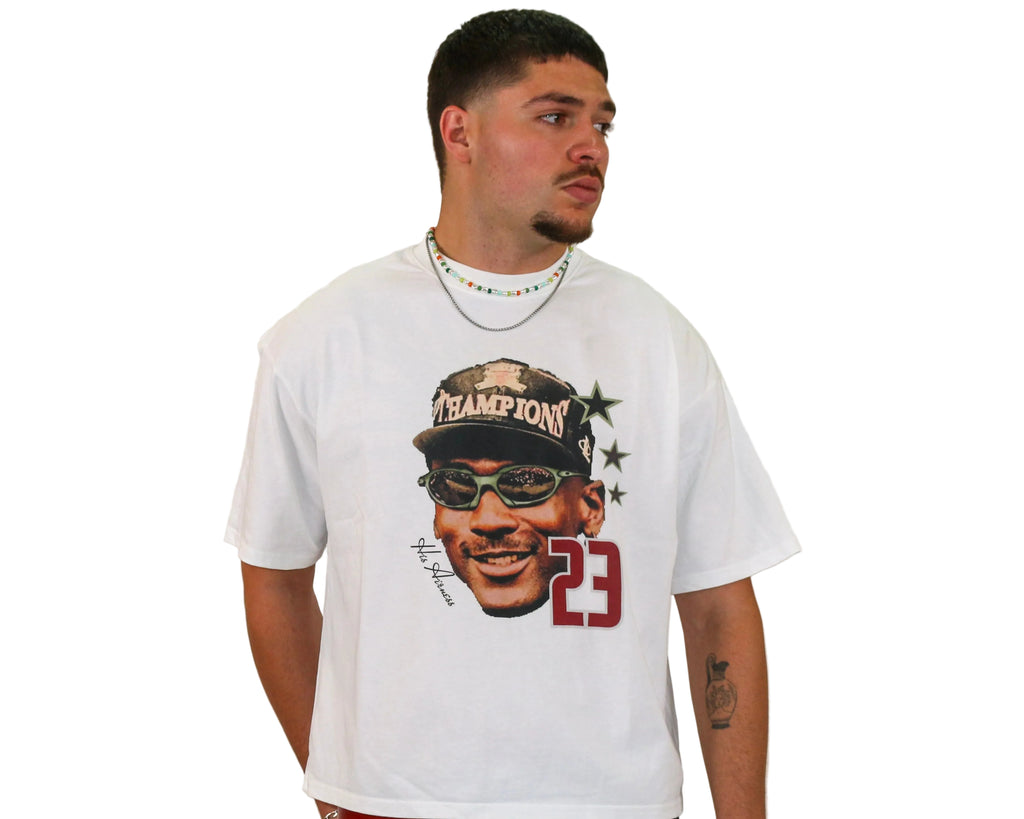 WAIT! Champ white oversized boxy graphic tee, streetwear outfit worn by model (1)