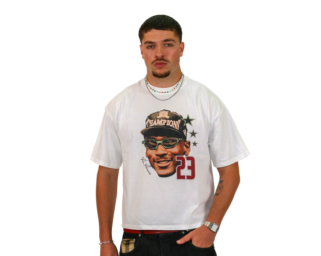 WAIT! Champ white oversized boxy graphic tee, streetwear outfit worn by model (3)