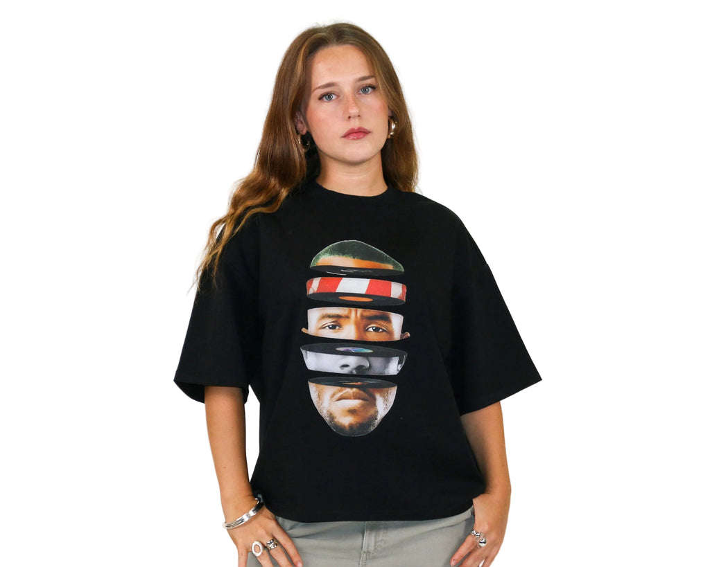 WAIT! Rainbow black oversized boxy graphic tee, streetwear outfit worn by model (1)