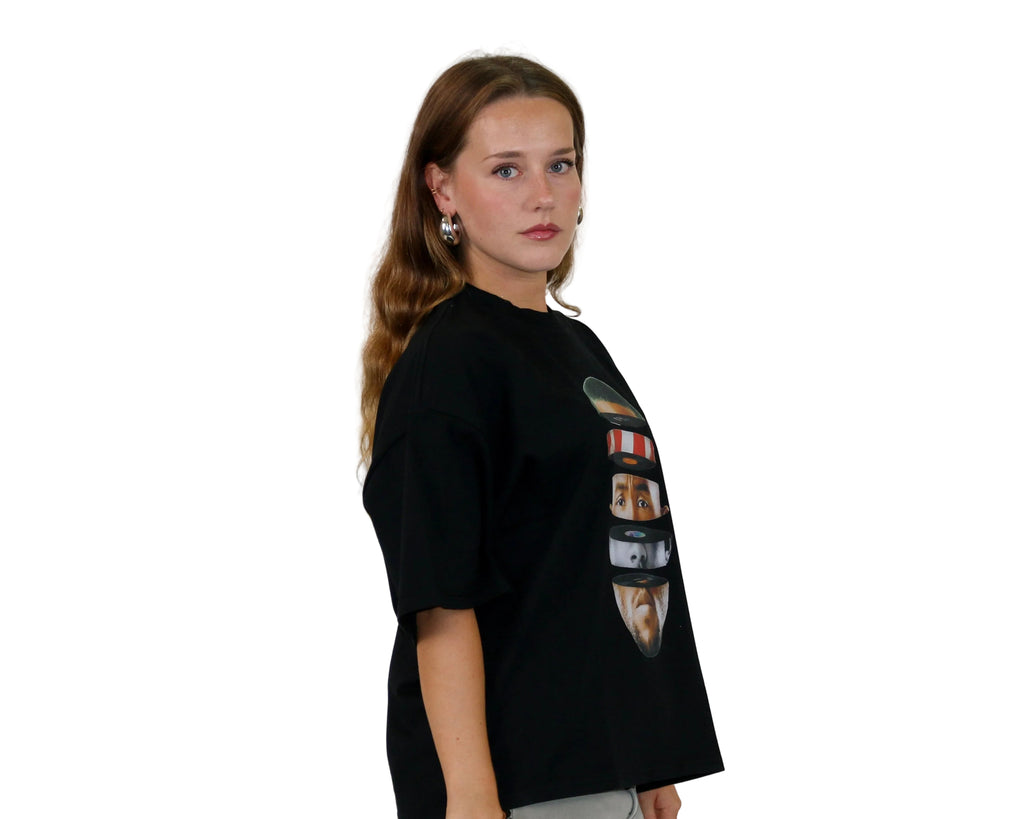 WAIT! Rainbow black oversized boxy graphic tee, streetwear outfit worn by model (3)