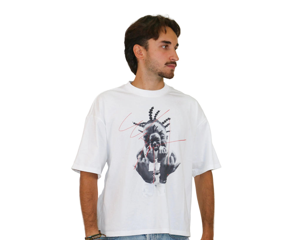 WAIT! Ragebait white oversized boxy graphic tee, streetwear outfit worn by model (2)