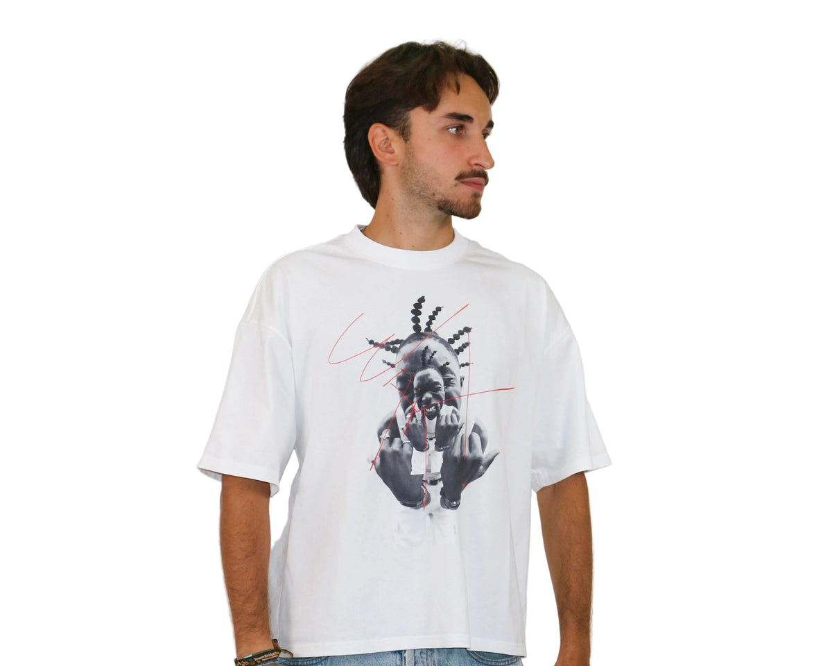WAIT! Ragebait white oversized boxy graphic tee, streetwear outfit worn by model (2)