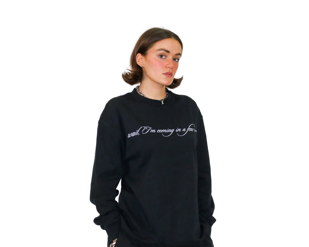 WAIT! Wait Long Sleeve black heavyweight long sleeve tee, streetwear outfit worn by model (2)