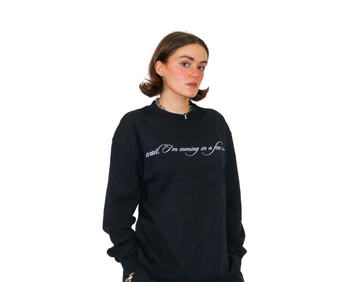 WAIT! Wait Long Sleeve black heavyweight long sleeve tee, streetwear outfit worn by model (2)
