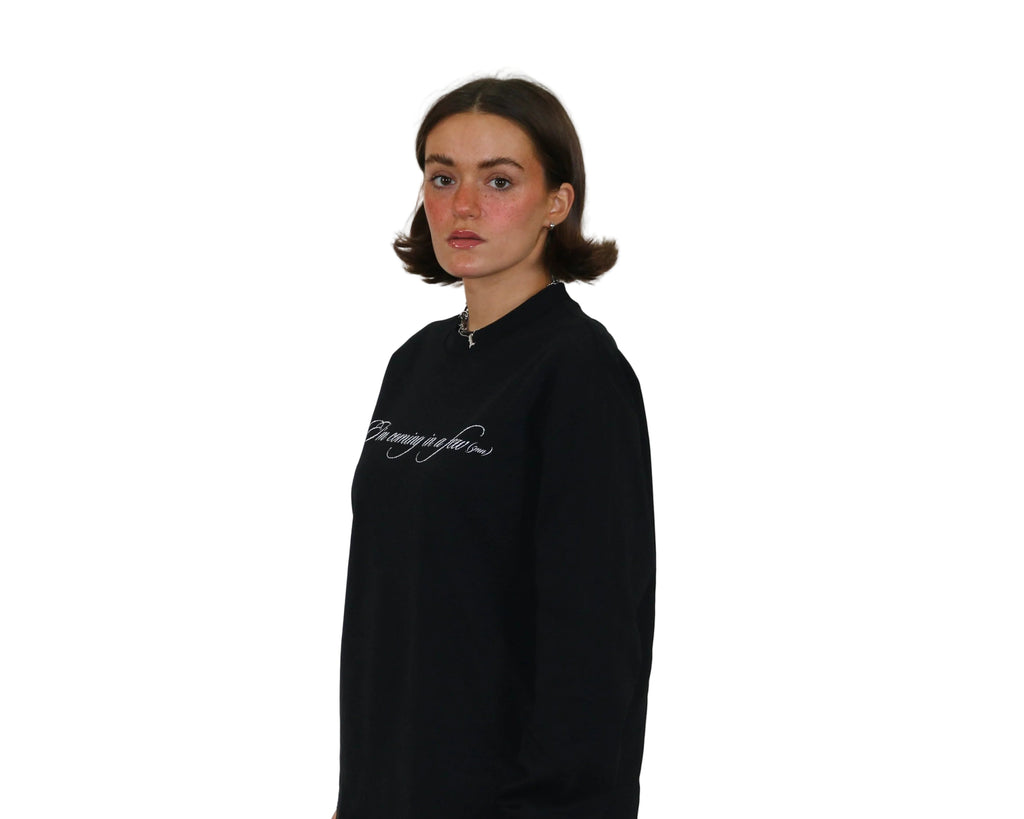 WAIT! Wait Long Sleeve black heavyweight long sleeve tee, streetwear outfit worn by model (4)