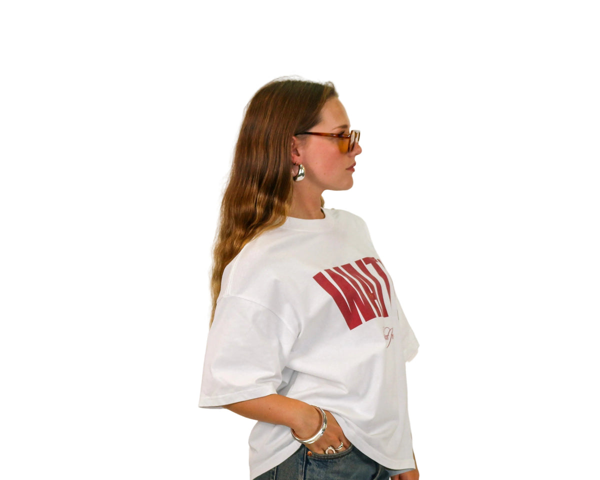 WAIT! Wait Original white and red boxy graphic tee, streetwear outfit worn by model (3)