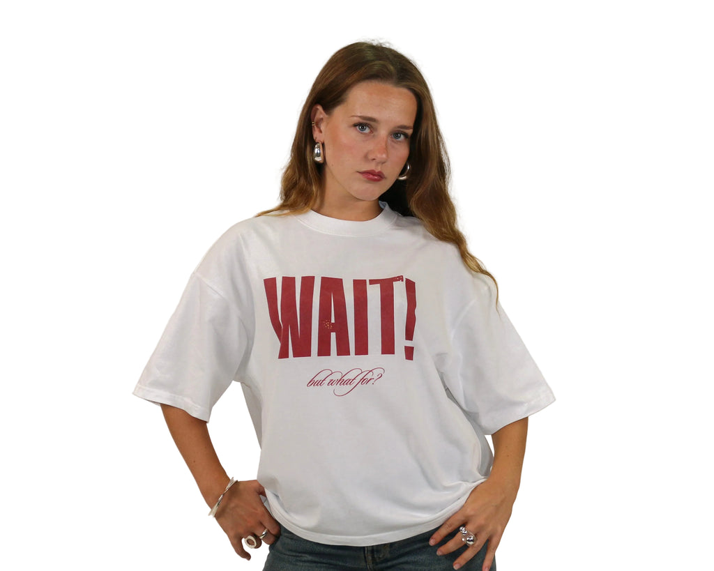 WAIT! Wait Original white and red boxy graphic tee, streetwear outfit worn by model (1)