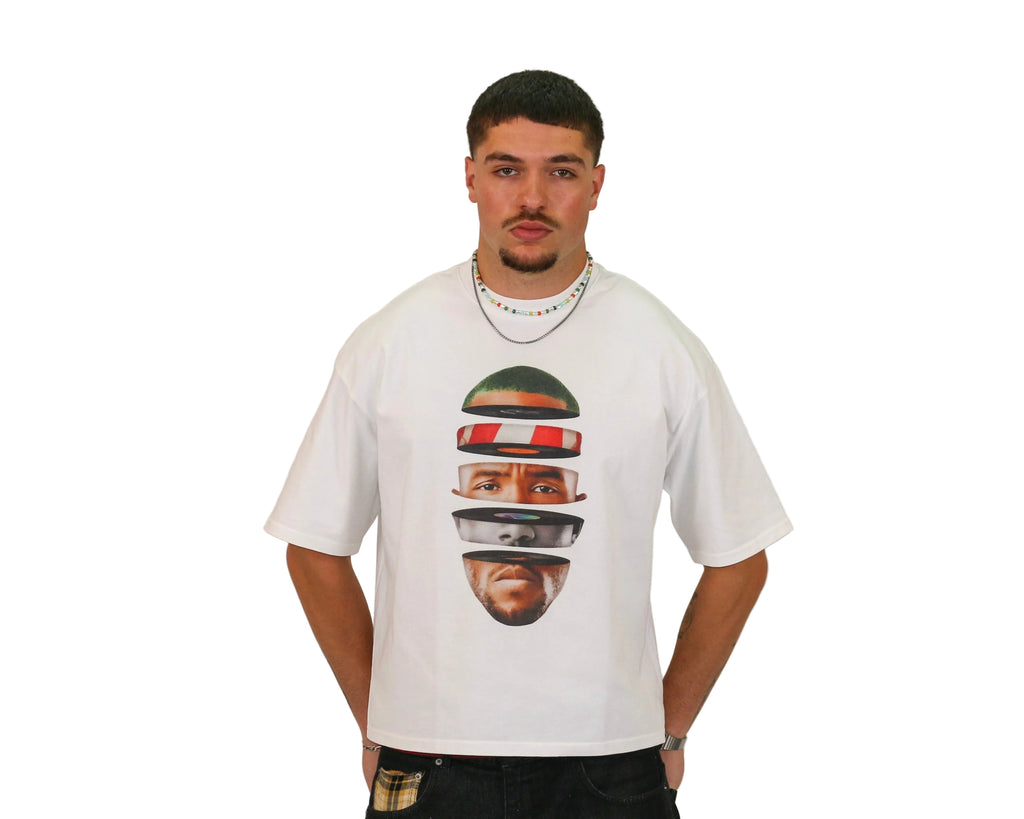 WAIT! Rainbow white oversized boxy graphic tee, streetwear outfit worn by model (1)