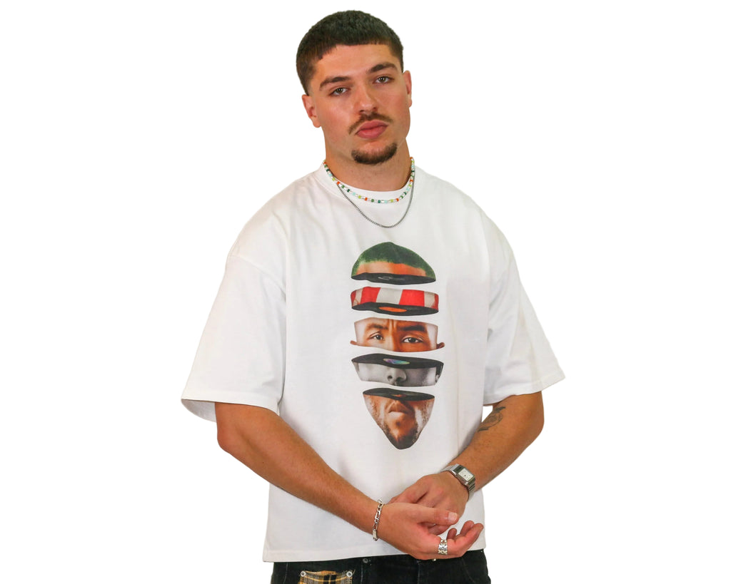 WAIT! Rainbow white oversized boxy graphic tee, streetwear outfit worn by model (3)