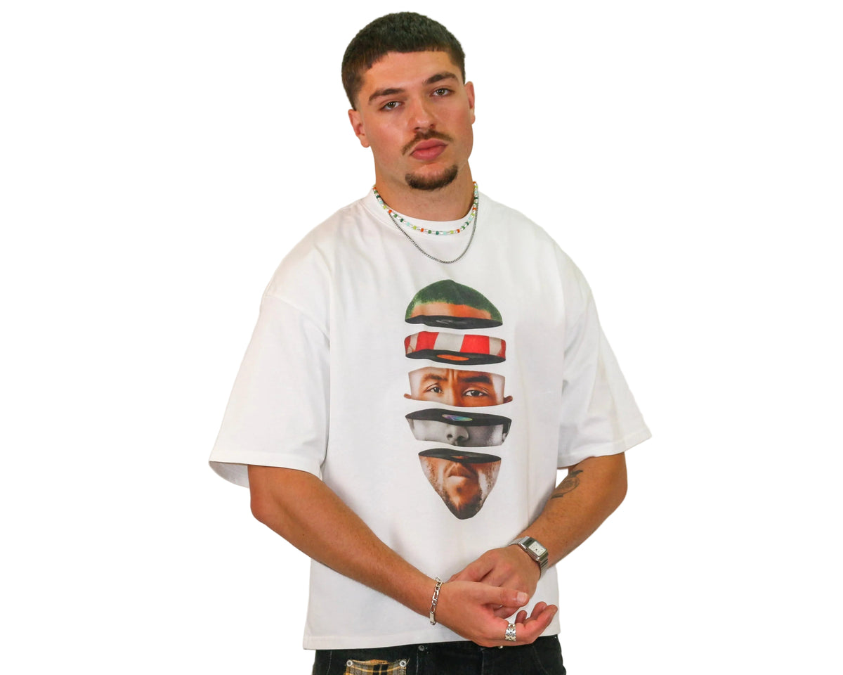 WAIT! Rainbow white oversized boxy graphic tee, streetwear outfit worn by model (3)