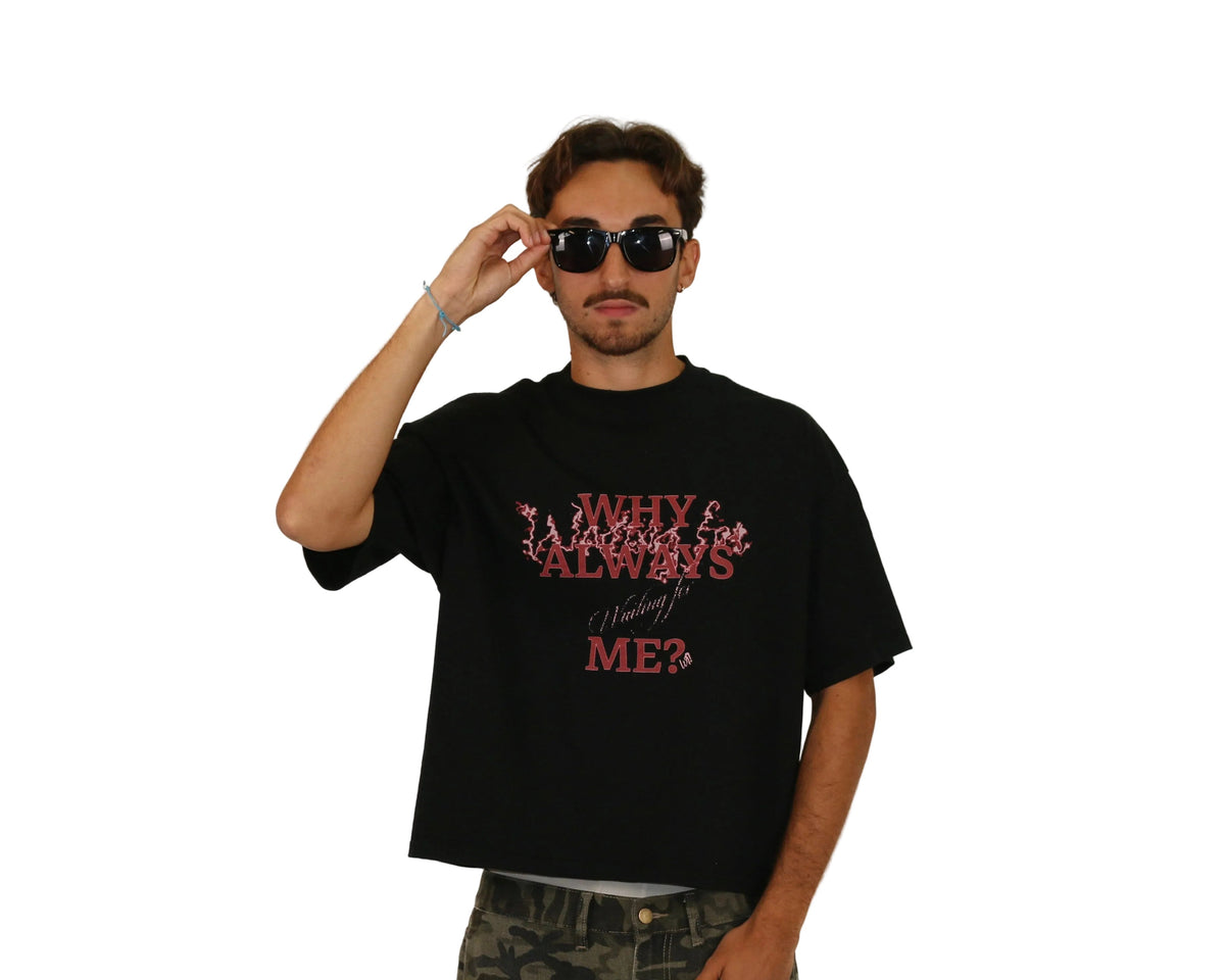 WAIT! Why Always Me black boxy graphic tee, streetwear outfit worn by model (2)