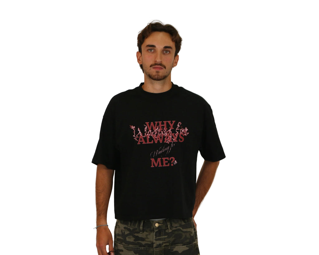 WAIT! Why Always Me black boxy graphic tee, streetwear outfit worn by model (4)