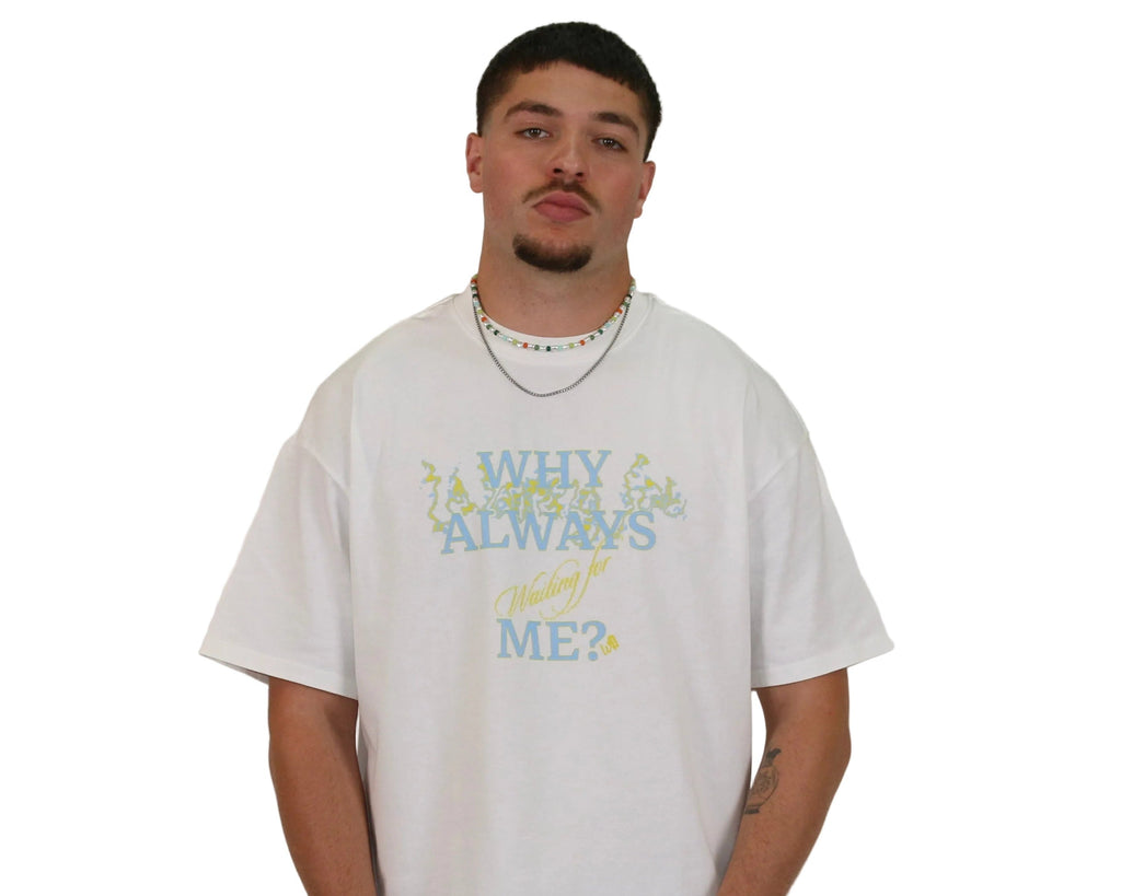 WAIT! Why Always Me white boxy graphic tee, streetwear outfit worn by model (2)