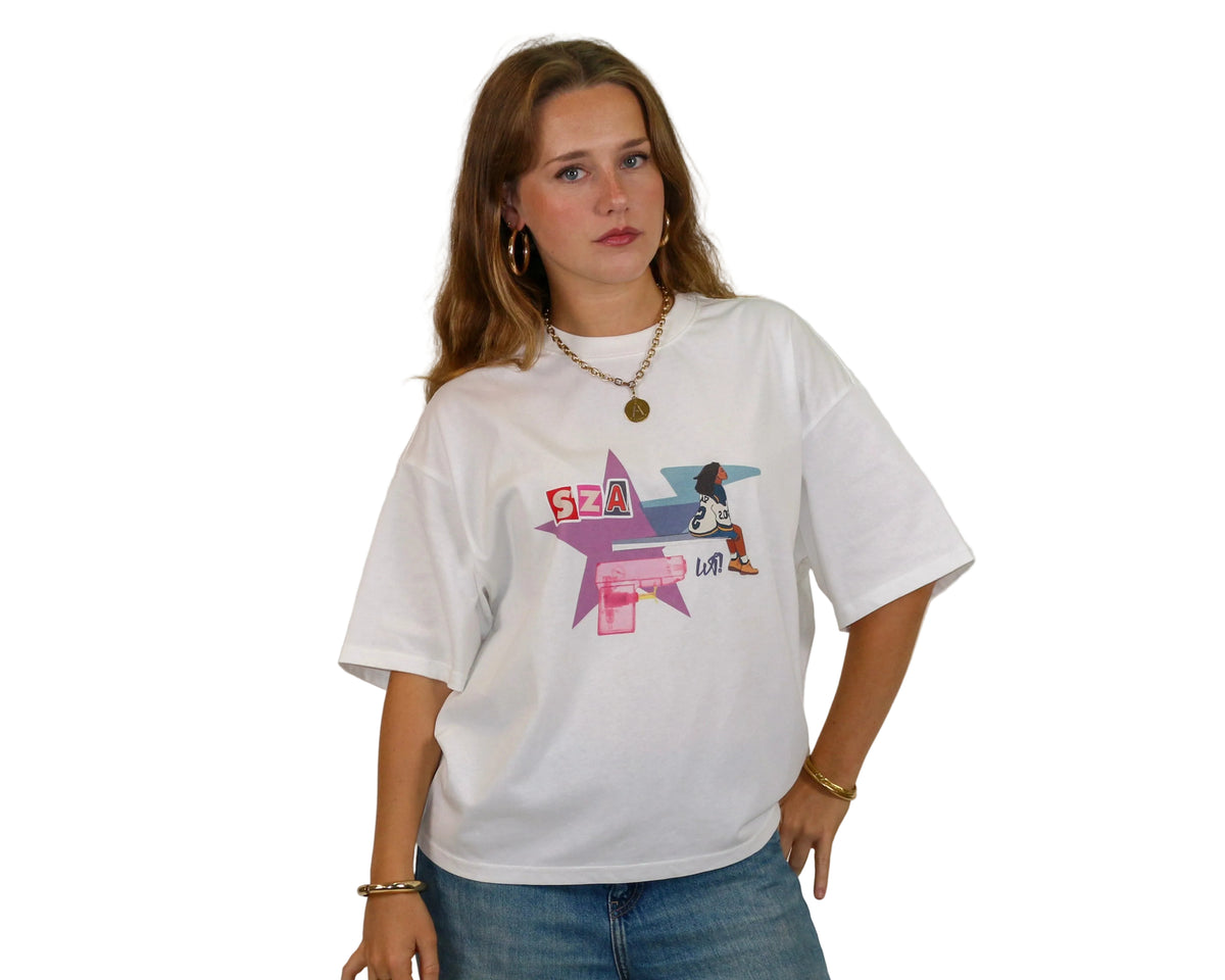 WAIT! Lost white oversized boxy graphic tee, streetwear outfit worn by model (1)