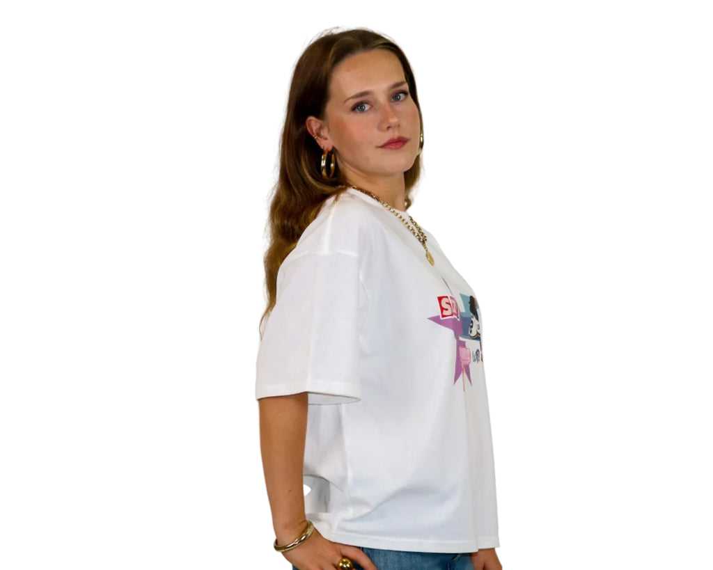WAIT! Lost white oversized boxy graphic tee, streetwear outfit worn by model (3)