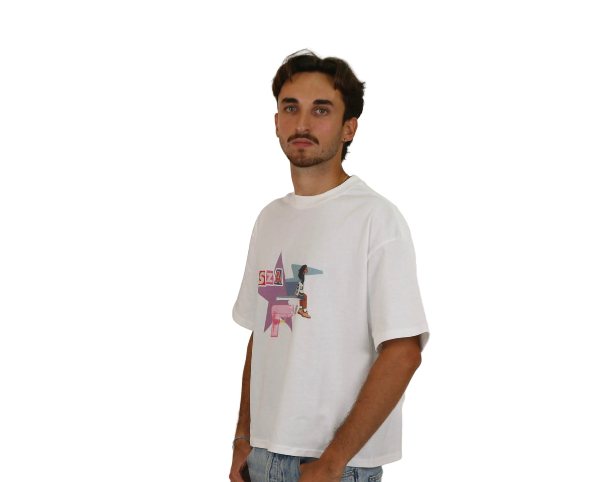 WAIT! Lost white oversized boxy graphic tee, streetwear outfit worn by model (4)