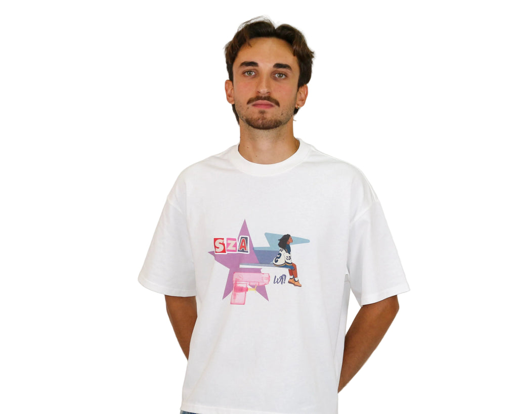 WAIT! Lost white oversized boxy graphic tee, streetwear outfit worn by model (2)