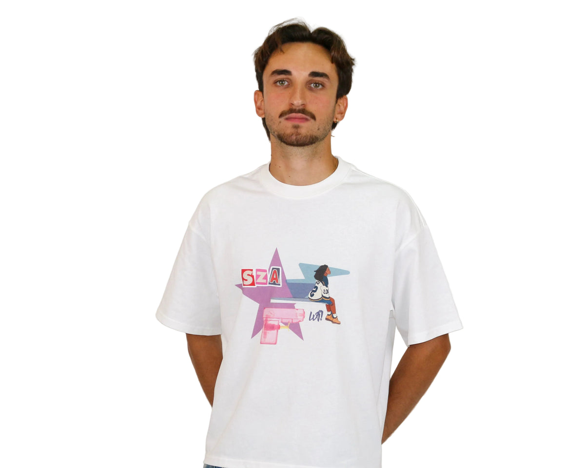 WAIT! Lost white oversized boxy graphic tee, streetwear outfit worn by model (2)