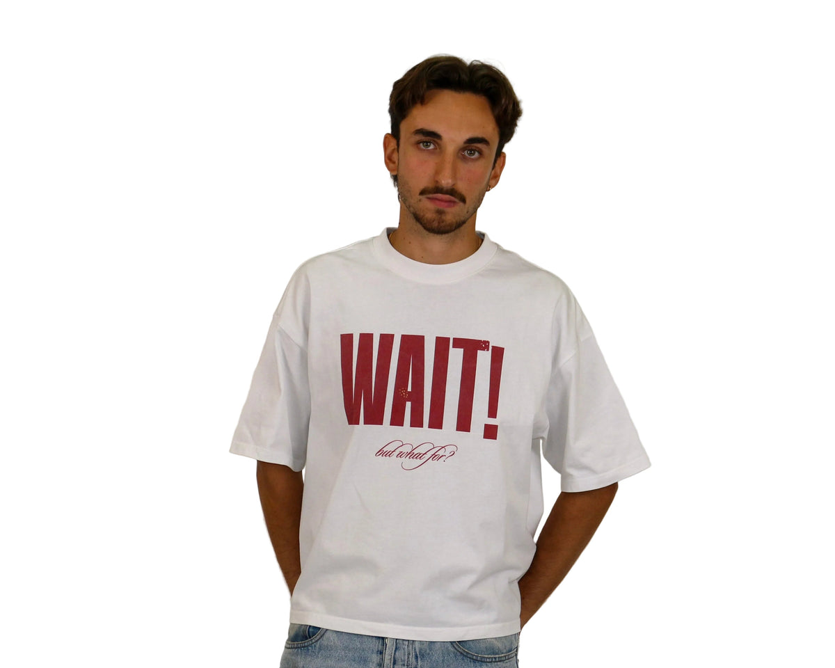 WAIT! Wait Original white and red boxy graphic tee, streetwear outfit worn by model (2)