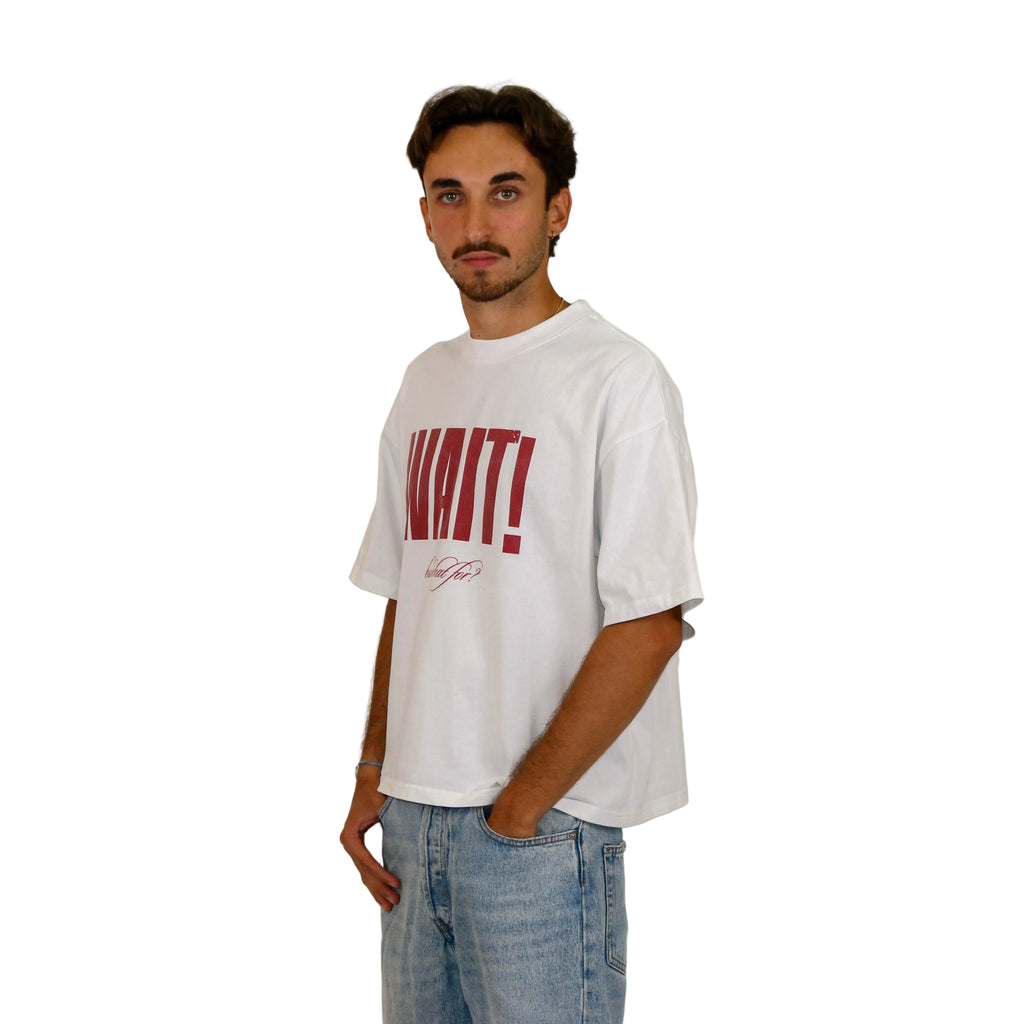 WAIT! Wait Original white and red boxy graphic tee, streetwear outfit worn by model (4)