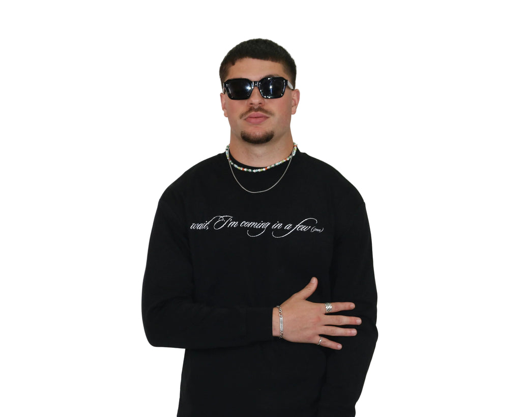 WAIT! Wait Long Sleeve black heavyweight long sleeve tee, streetwear outfit worn by model (3)