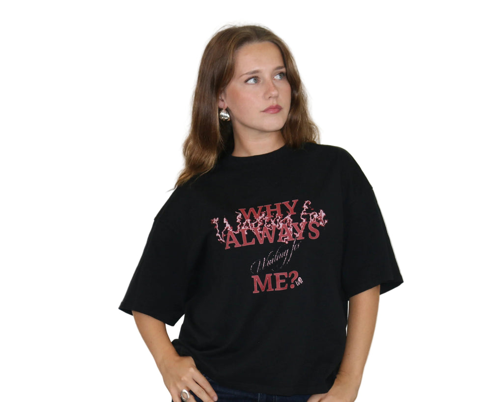 WAIT! Why Always Me black boxy graphic tee, streetwear outfit worn by model (3)