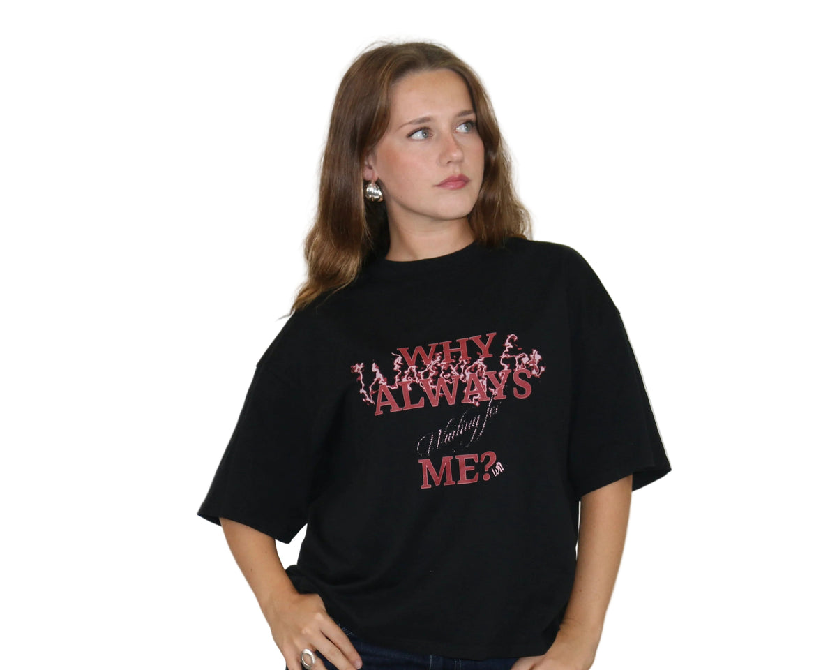 WAIT! Why Always Me black boxy graphic tee, streetwear outfit worn by model (3)