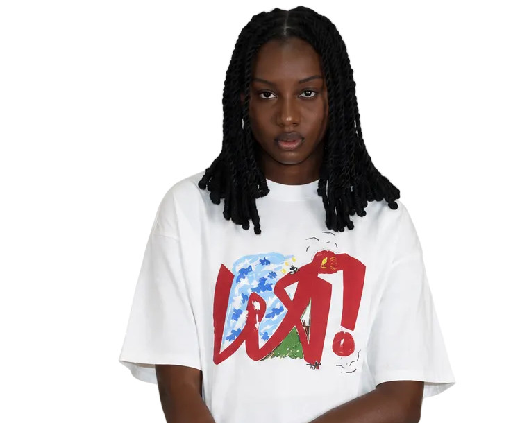 WAIT! Wait Logo white boxy logo tee, streetwear outfit worn by model (1)