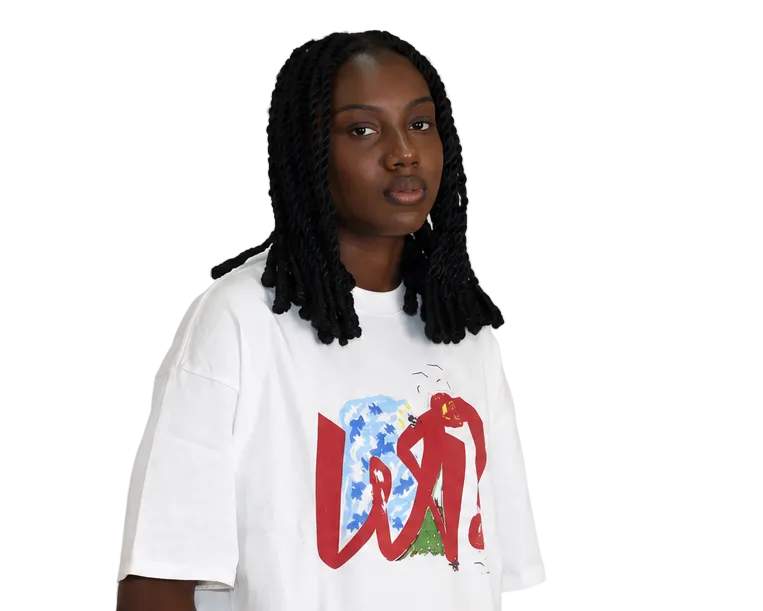 WAIT! Wait Logo white boxy logo tee, streetwear outfit worn by model (2)