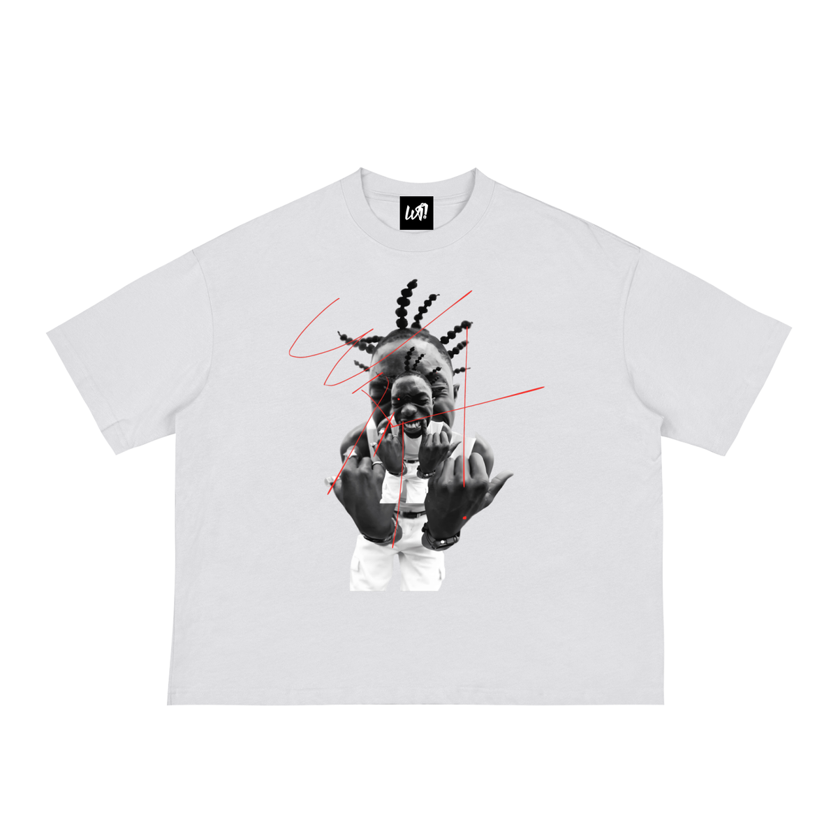 WAIT! Ragebait white oversized boxy graphic tee, product view